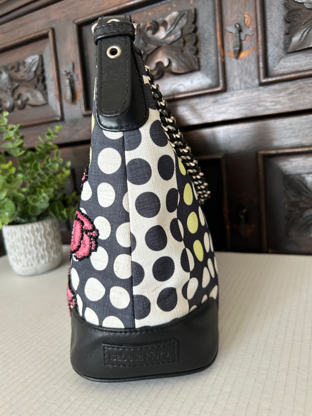 Isabella Fiore Black Polka Dot Floral Shoulder Bag - Pink Flower Accent - Picture 4 of 13